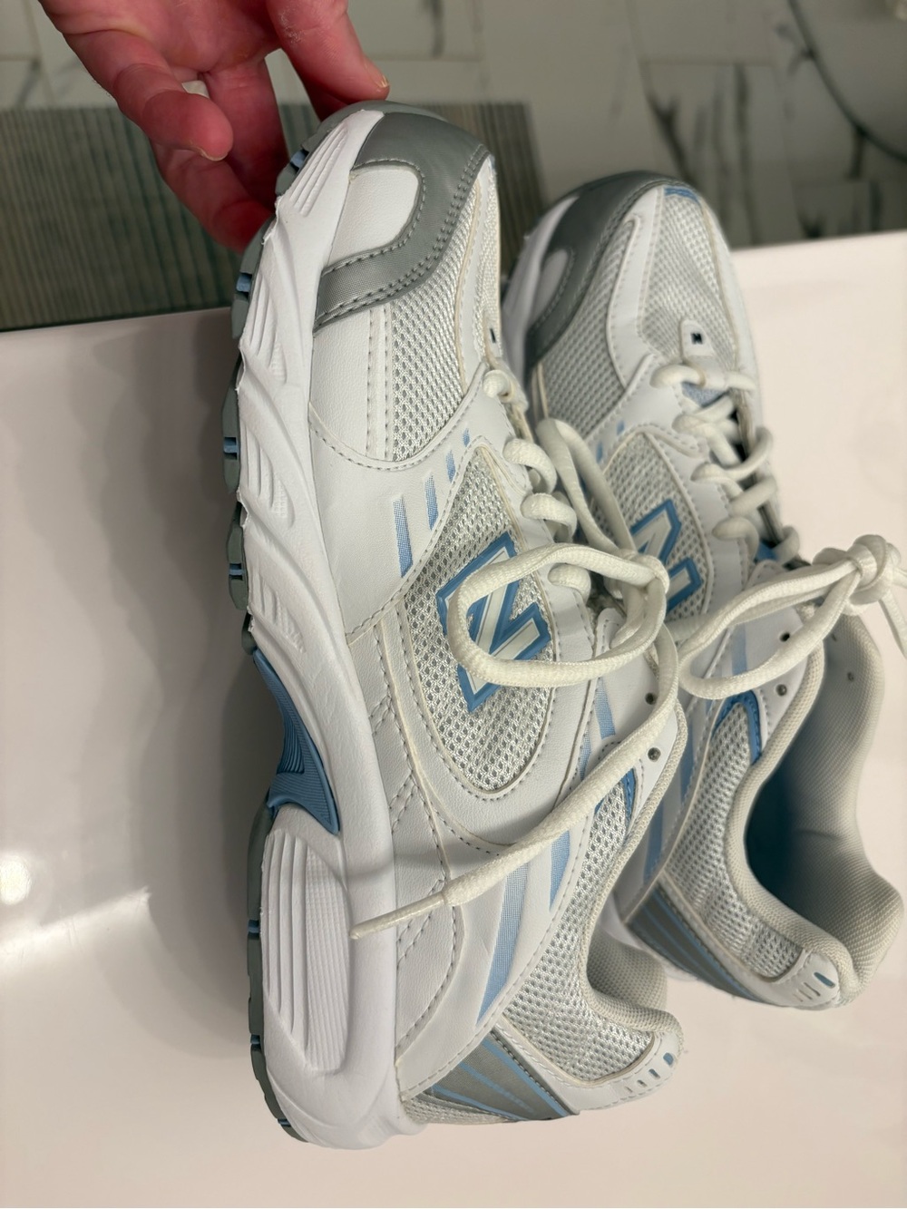 New Balance White and Light Blue Athletic Sneakers - Picture 3 of 5